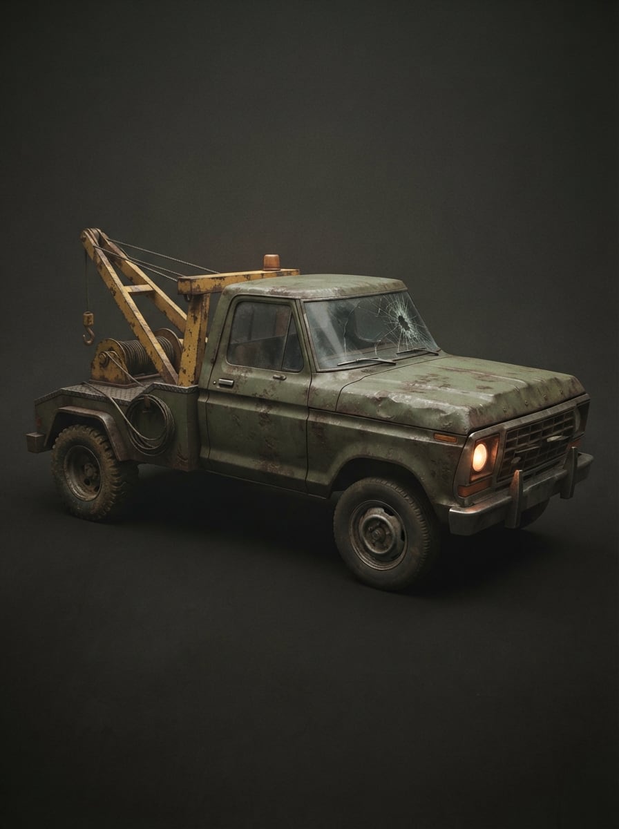 A rusty tow truck