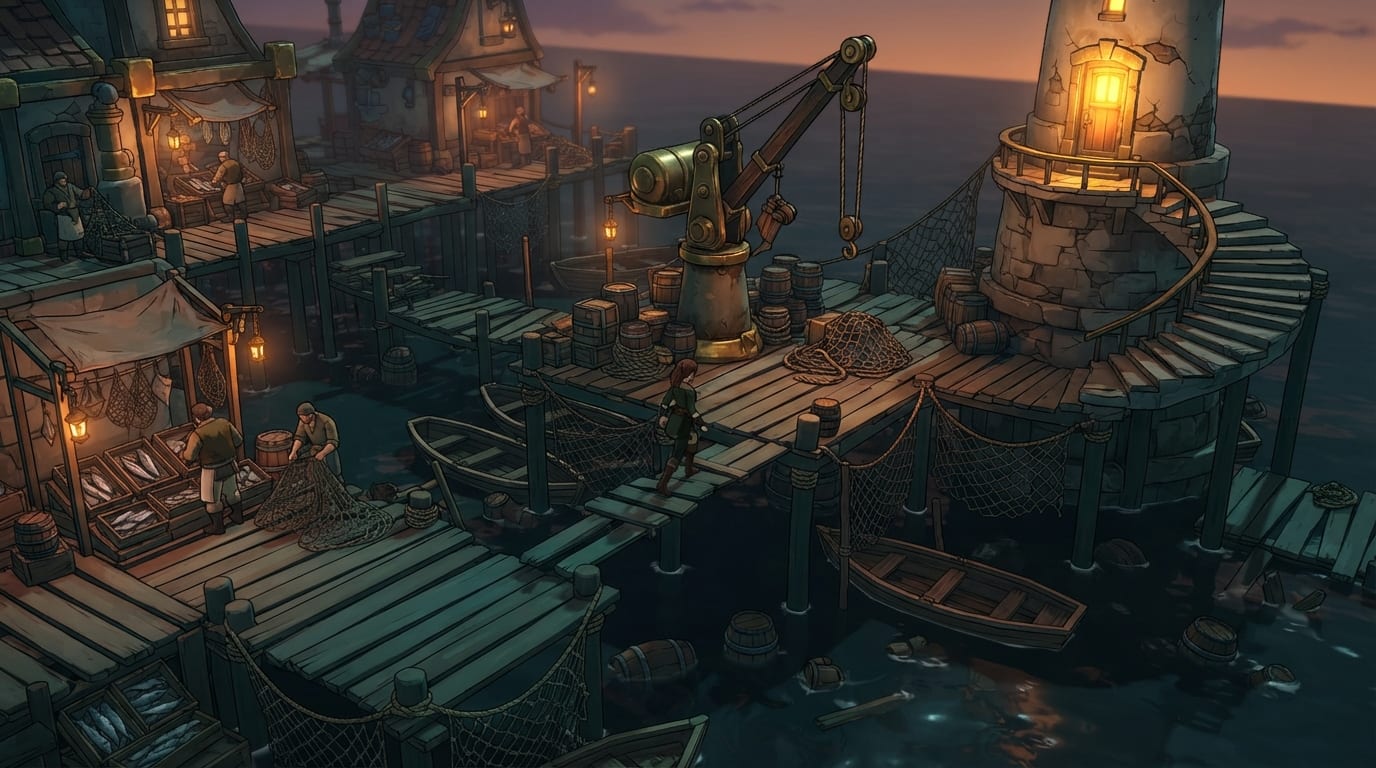 A lantern-lit stilt harbour