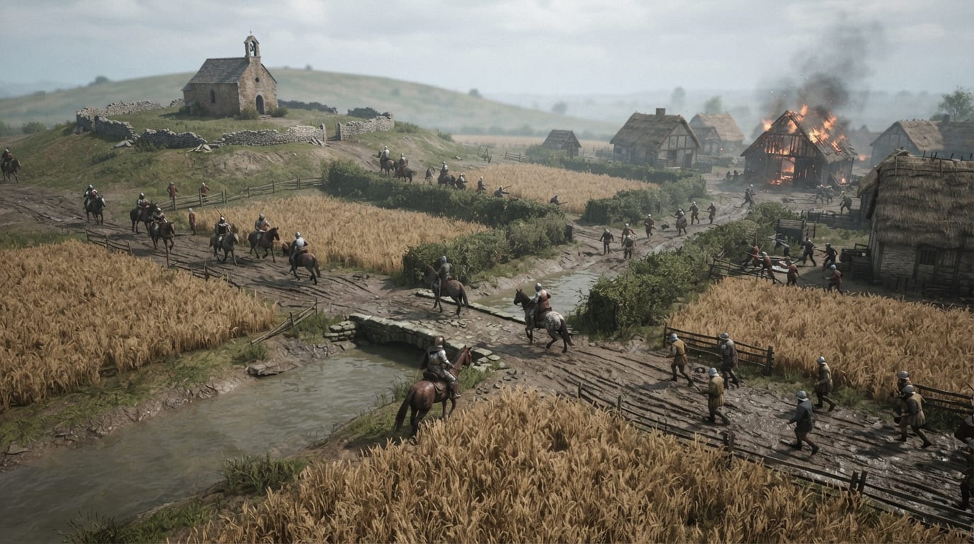 A golden wheat plain with a ford