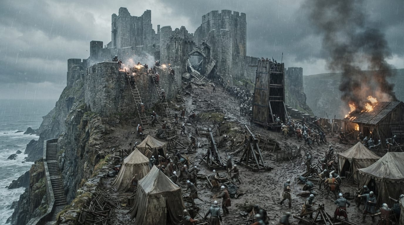 A storm-battered cliff castle