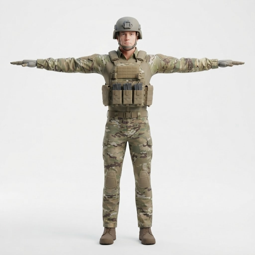 A brave player character for a scene from a small video game about: 3D game with a US modern infantry squad of 4 soldiers in a square formation, that can walk,