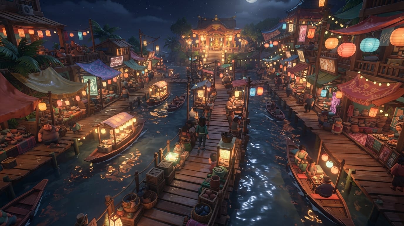 Marché nocturne inondé