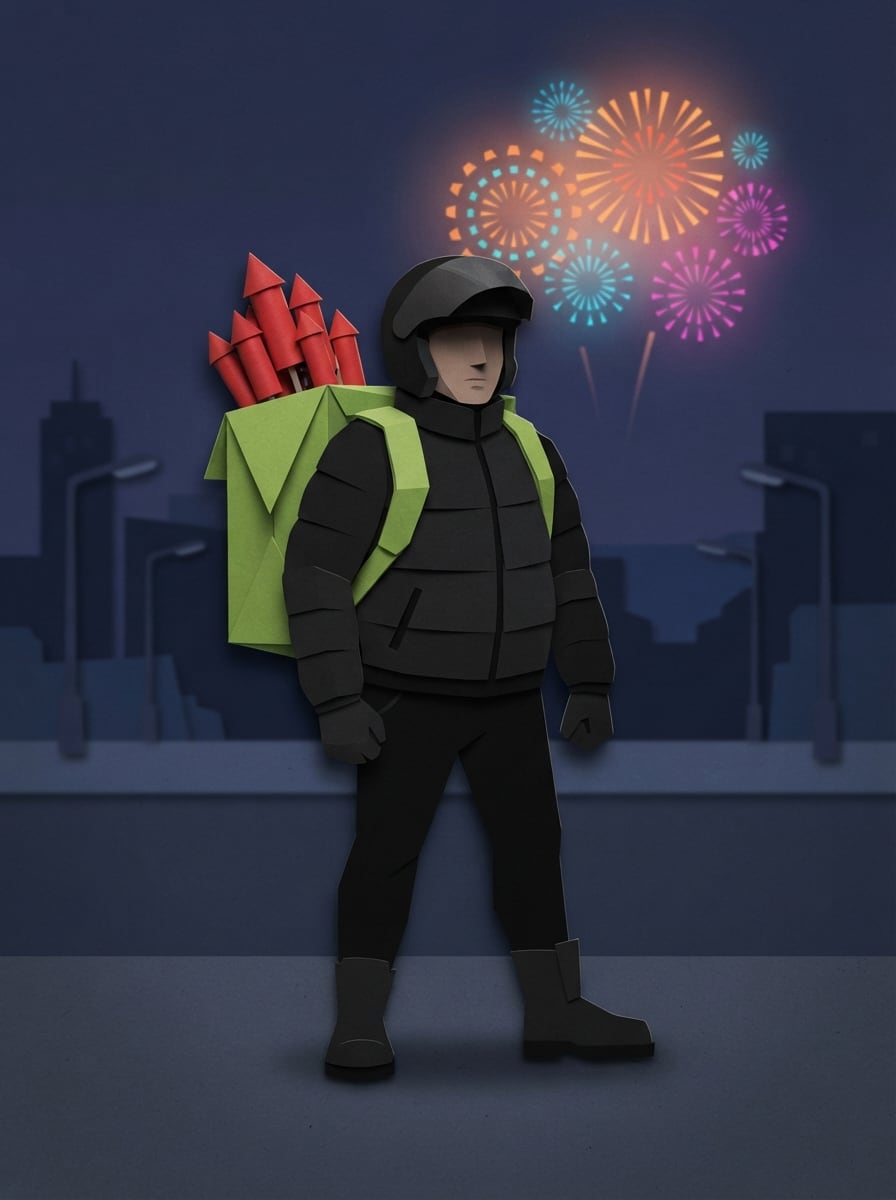 Um motoboy com mochila de rojões