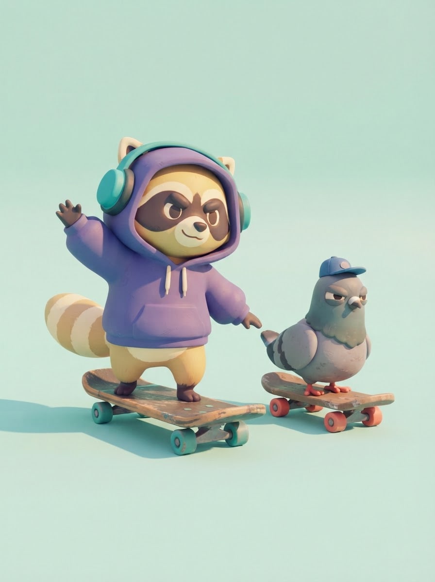 A hoodie-wearing raccoon skater