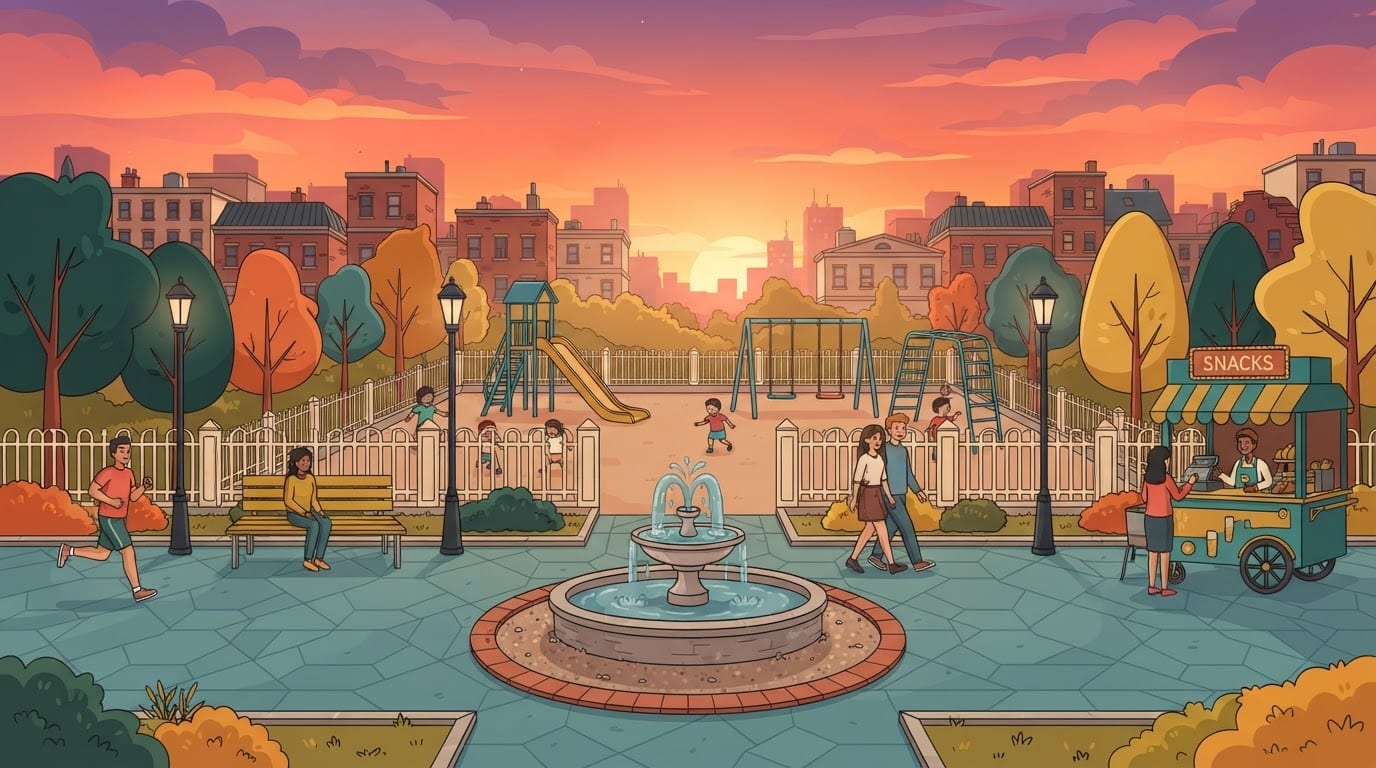 Un parque urbano al atardecer