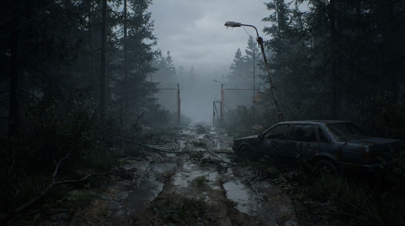 A foggy forest service road
