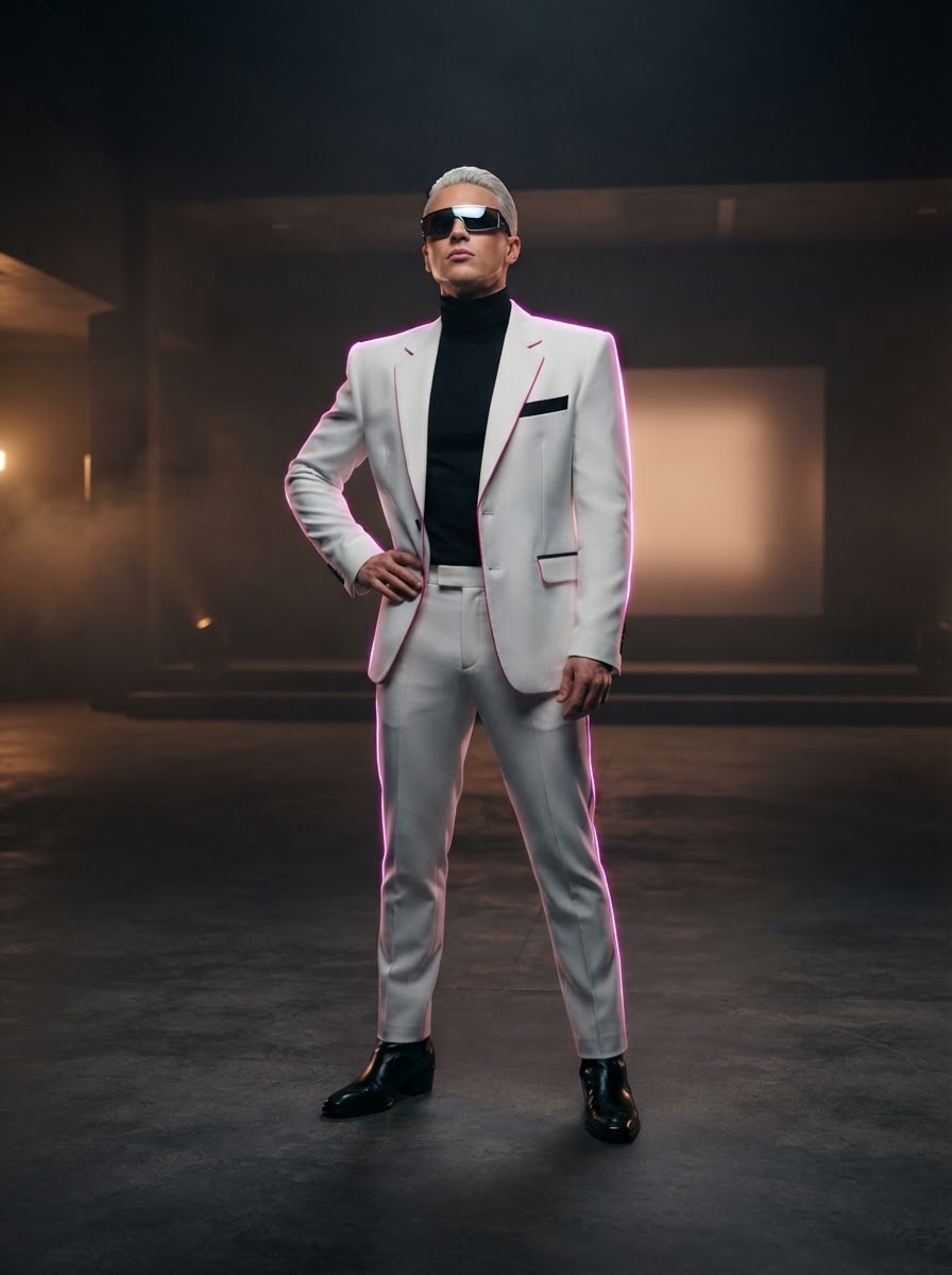 A chrome-suited pop star