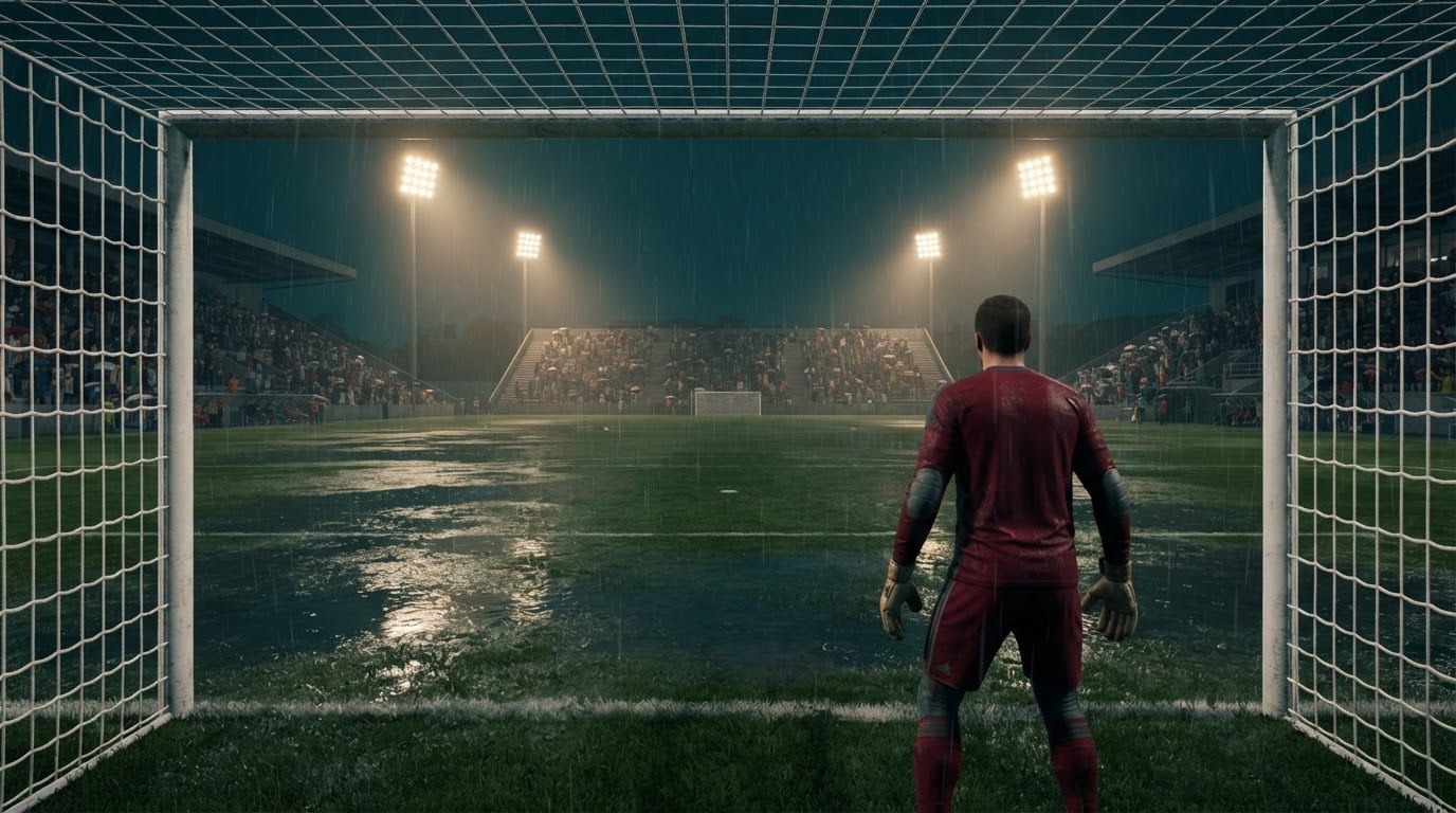 Rain-soaked floodlit city stadium