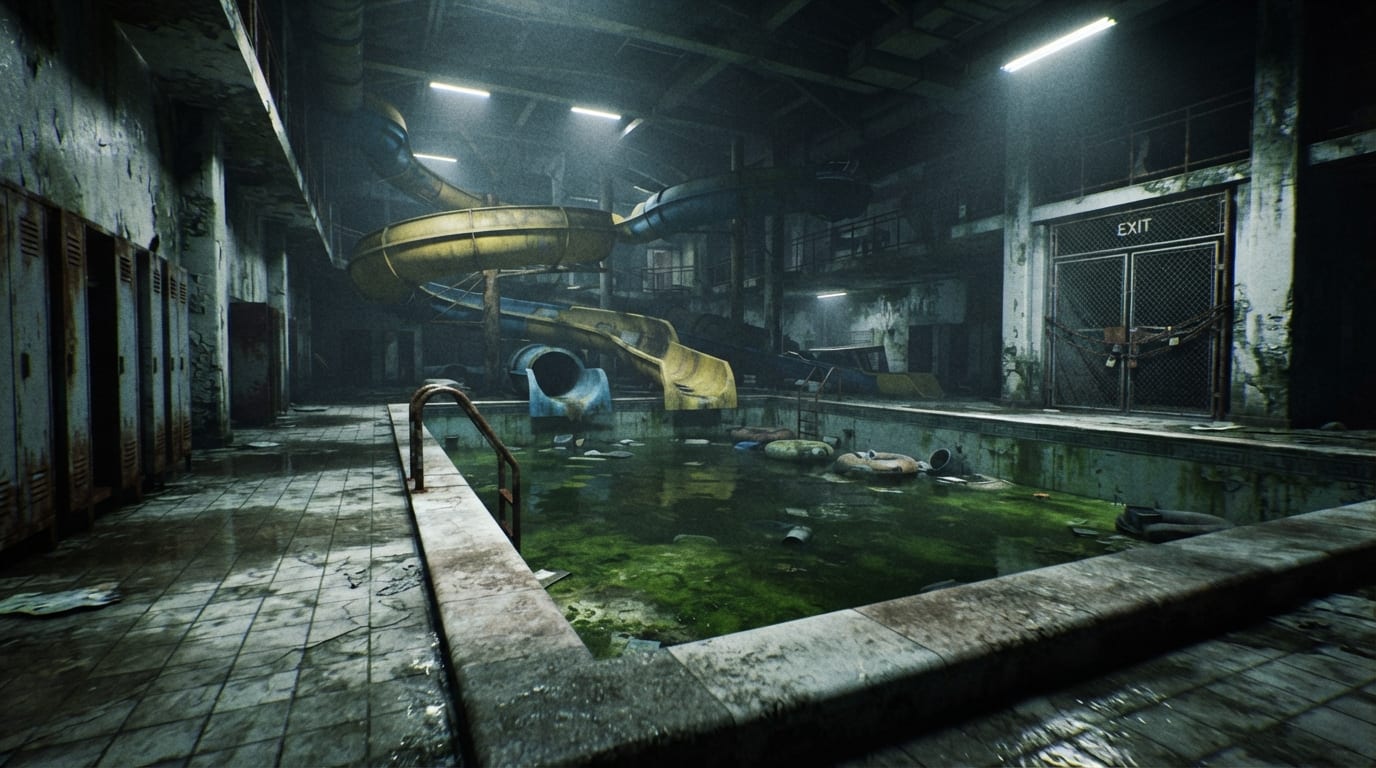 A derelict water park