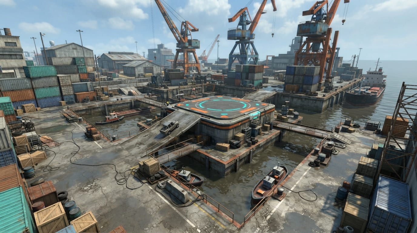 A cluttered harbor yard