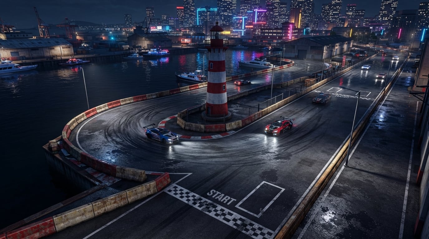 A rain-slick night seawall