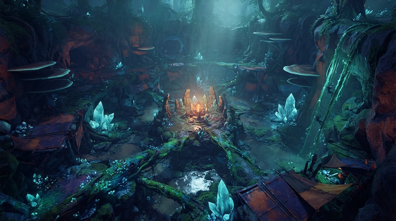 A bioluminescent jungle trench