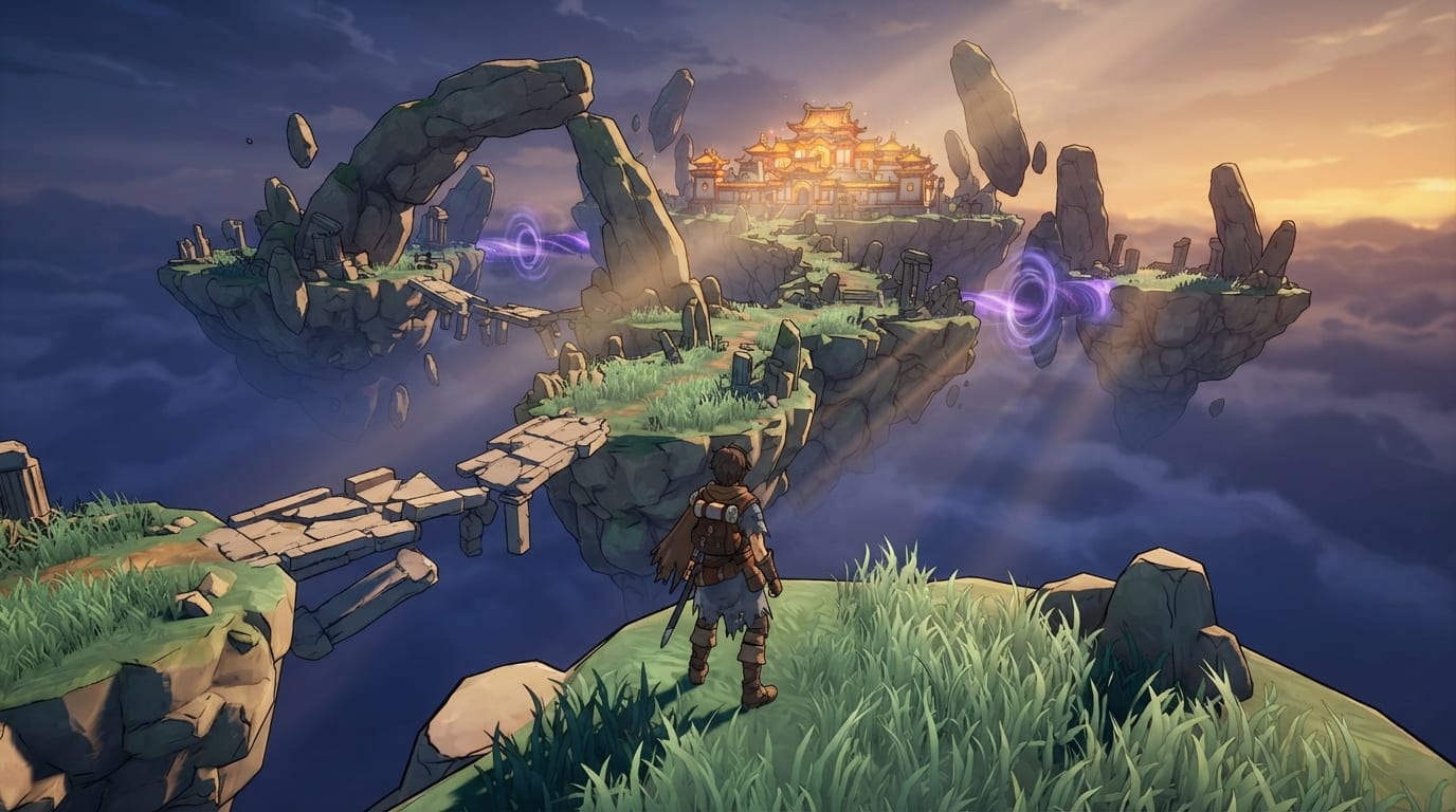 A floating temple archipelago