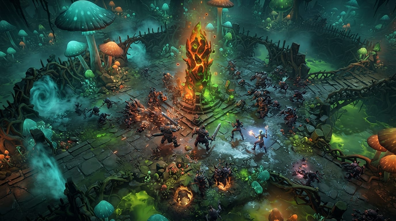A neon fungal swamp