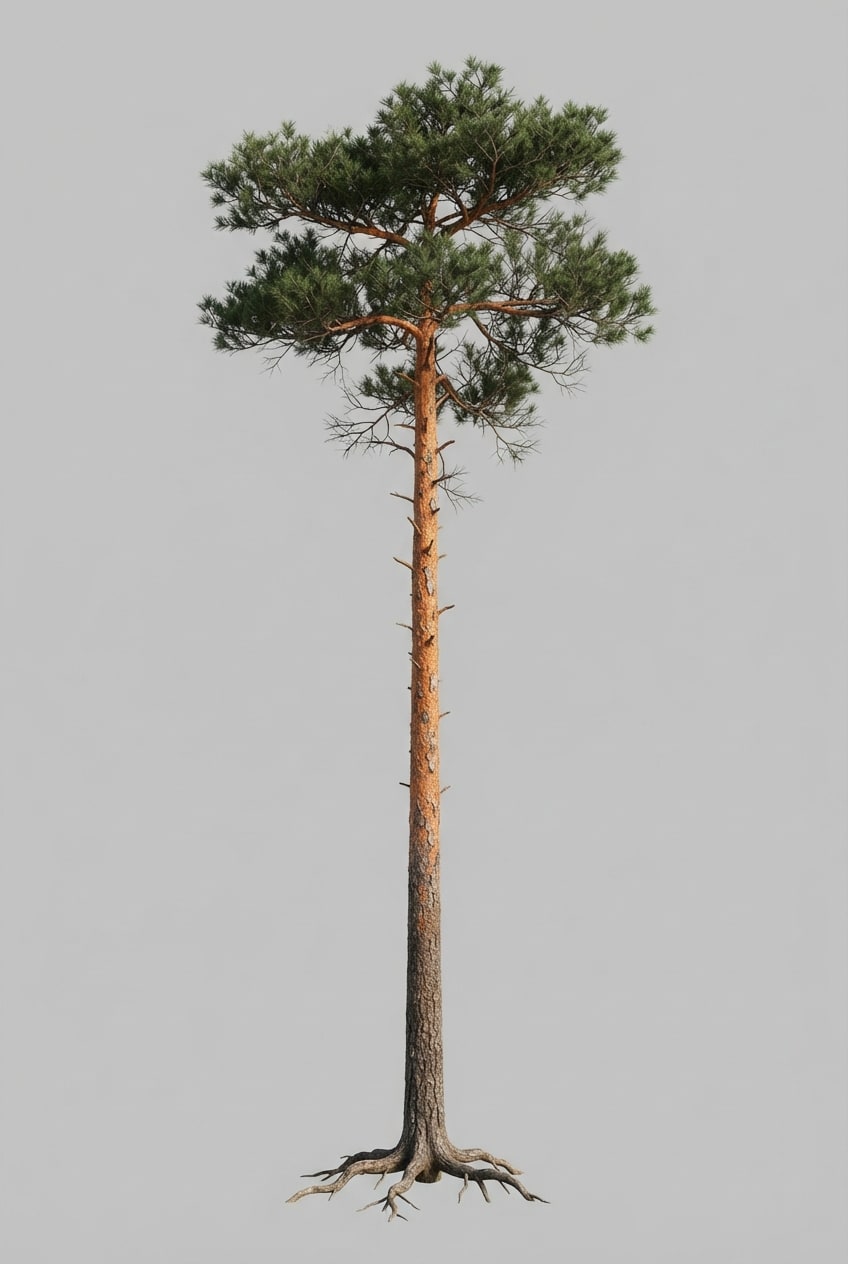 Image: A single Scots pine tree, full height from roots t