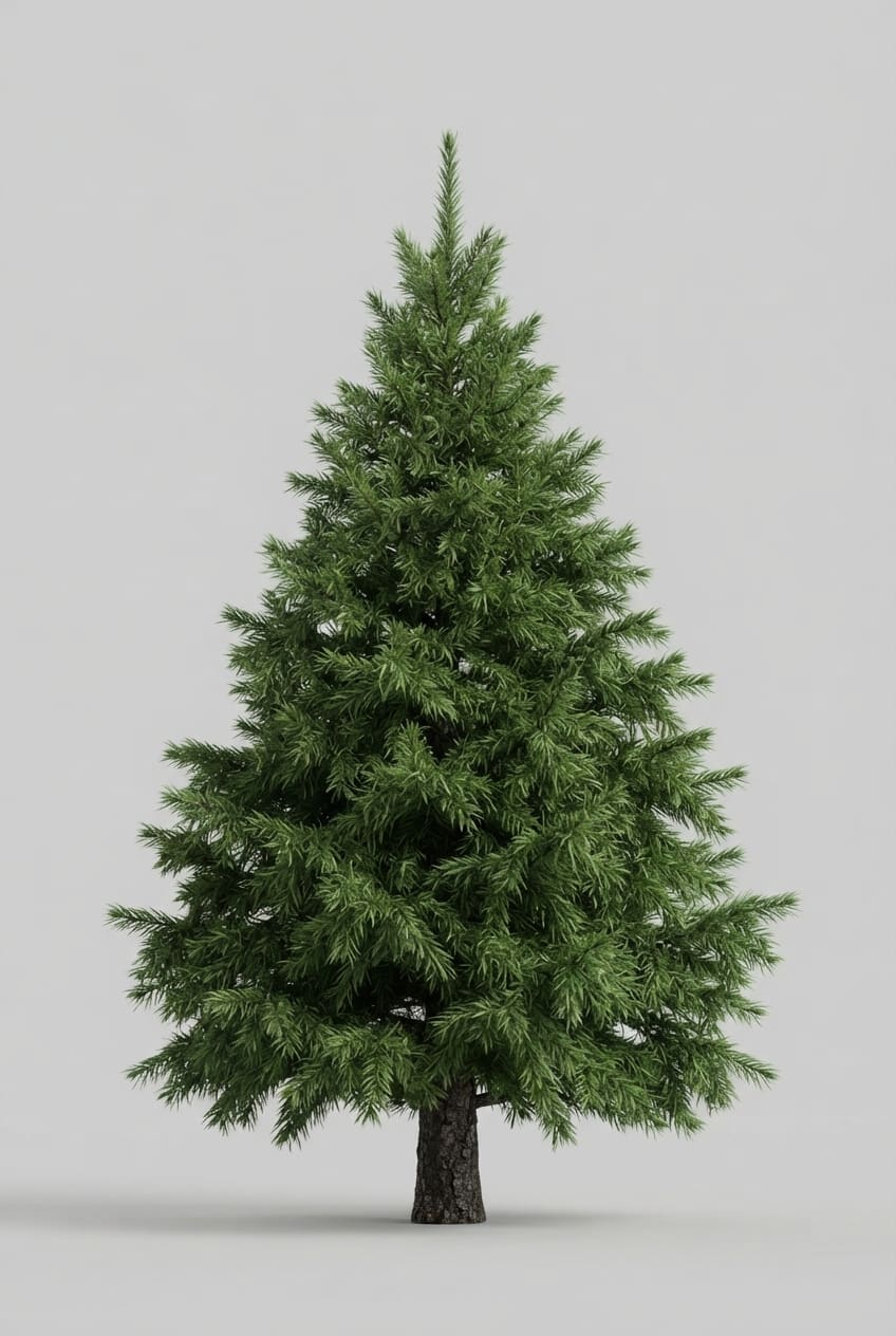 Image: A single short young fir tree, full height, realis