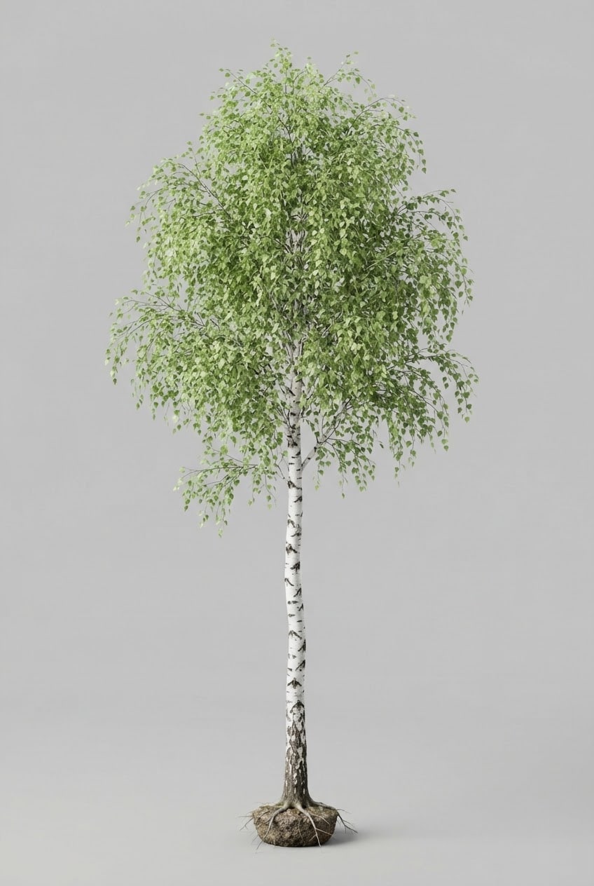 Image: A single silver birch tree in summer leaf, full he