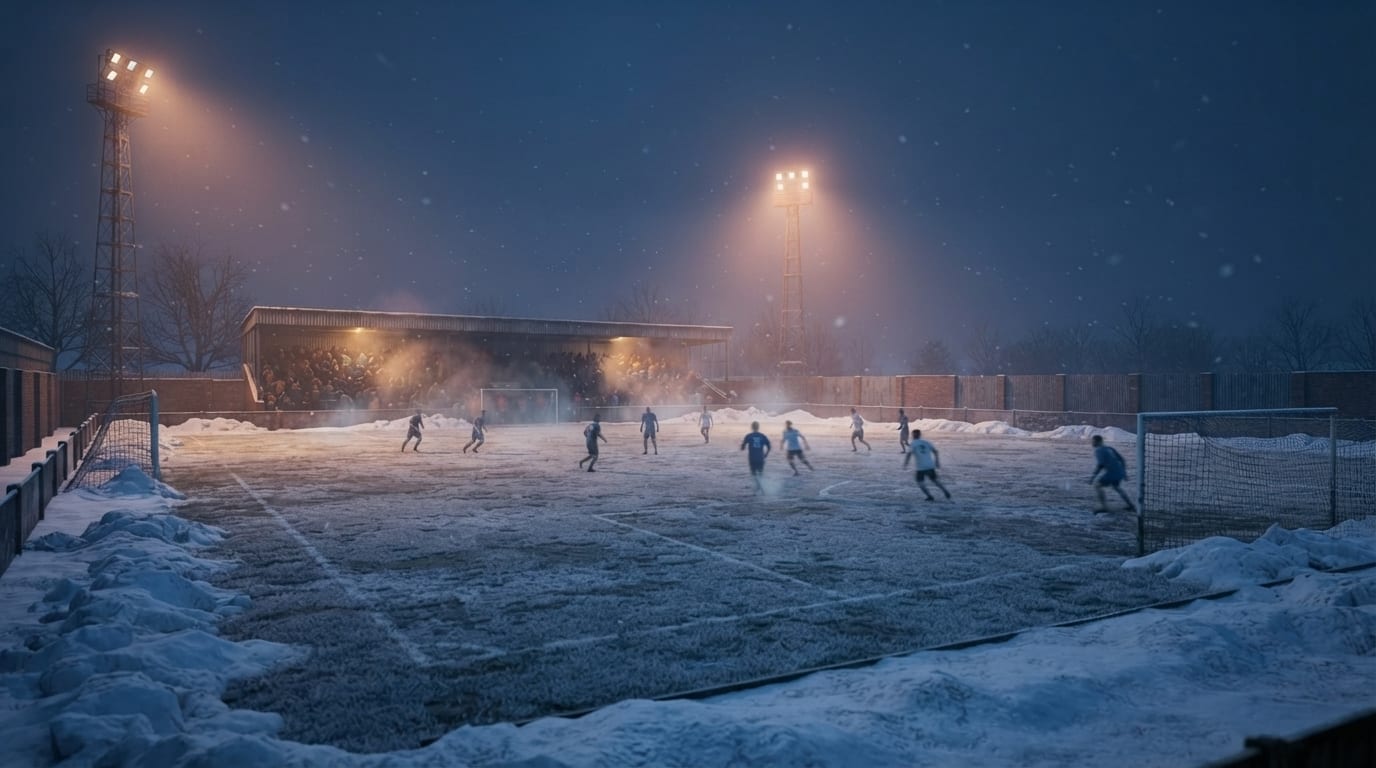 A small-town ground under snow at night