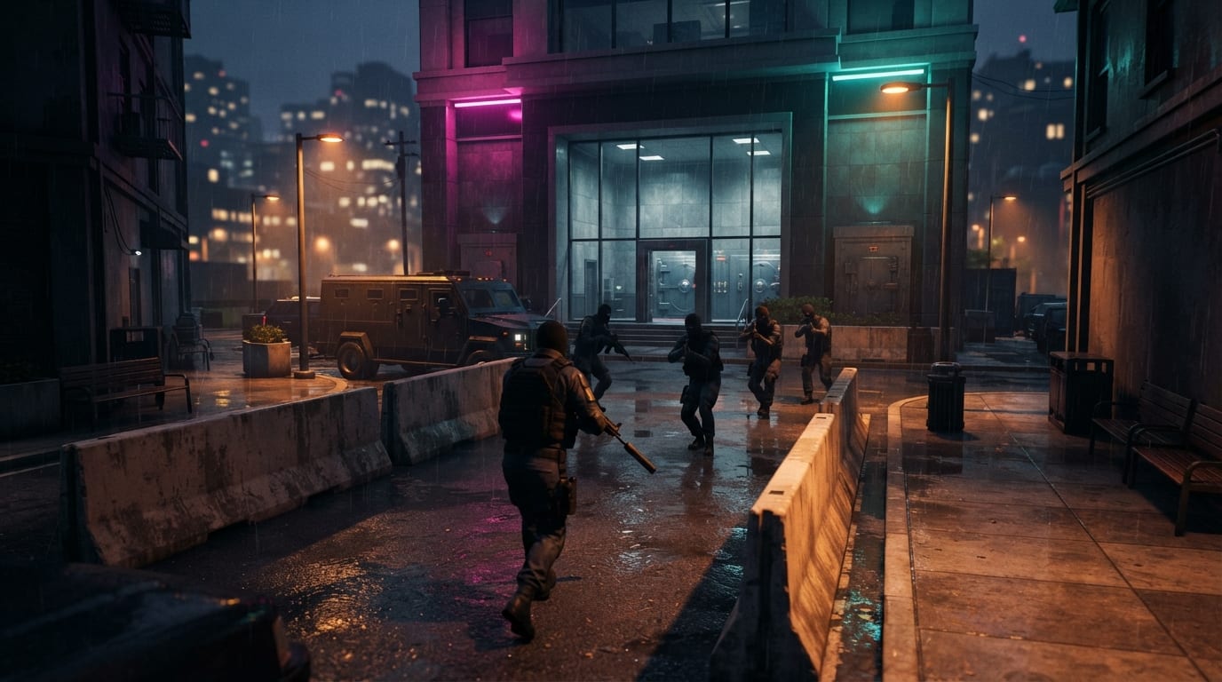 Rain-slick bank plaza