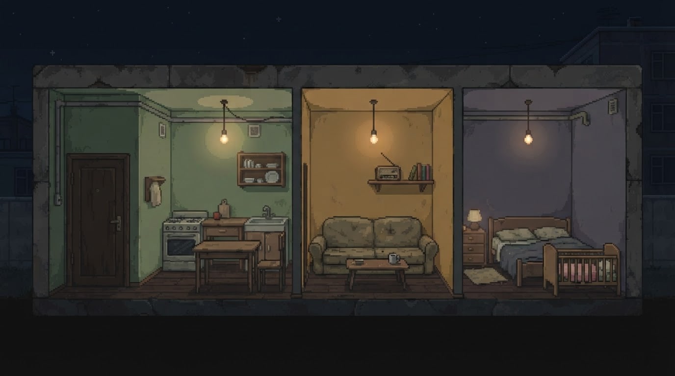 Image: Pixel art game background, side-on cutaway cross-s