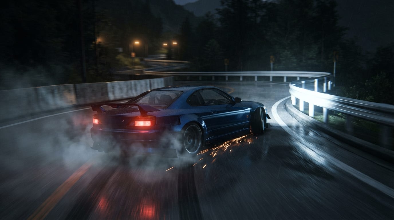 Drift the rain-soaked hairpin