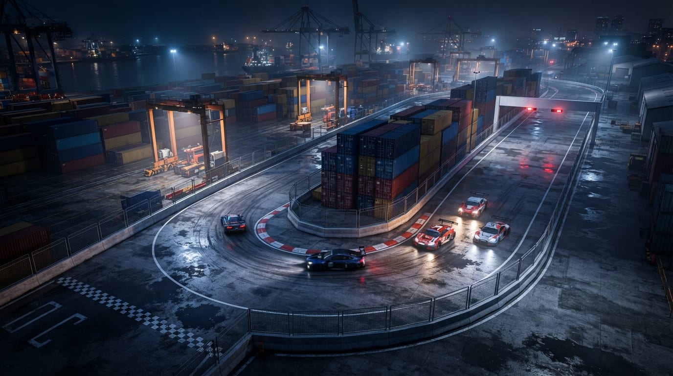 A neon-lit industrial dockyard