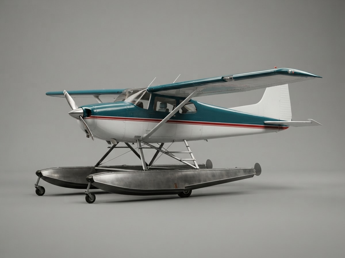 A teal floatplane
