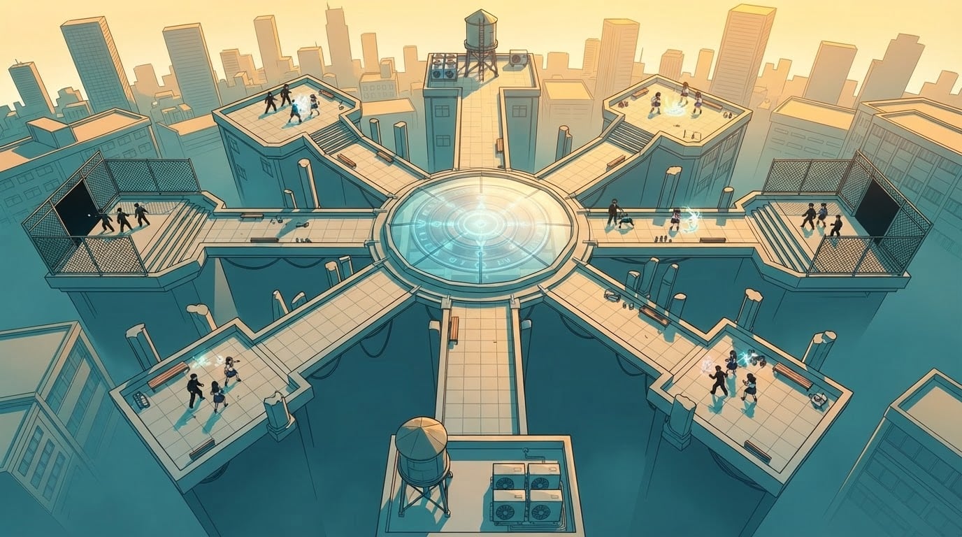 School rooftop arena at golden hour