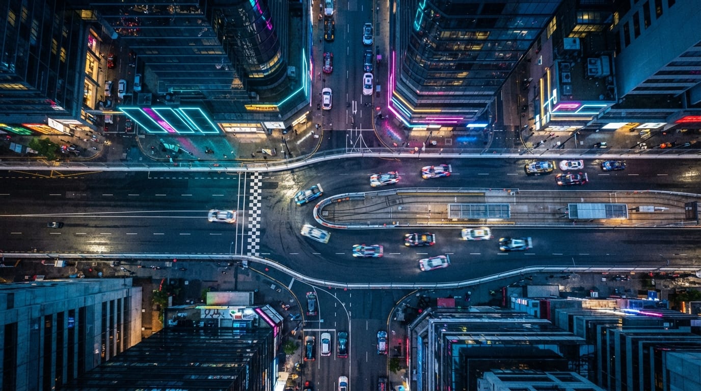 A rain-soaked city loop