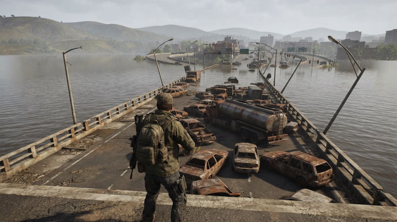 A flooded highway bridge