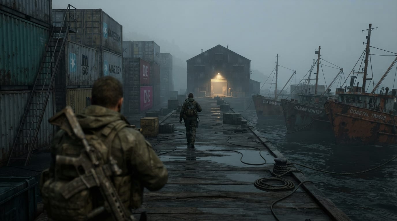 A fog-drowned trawler harbour