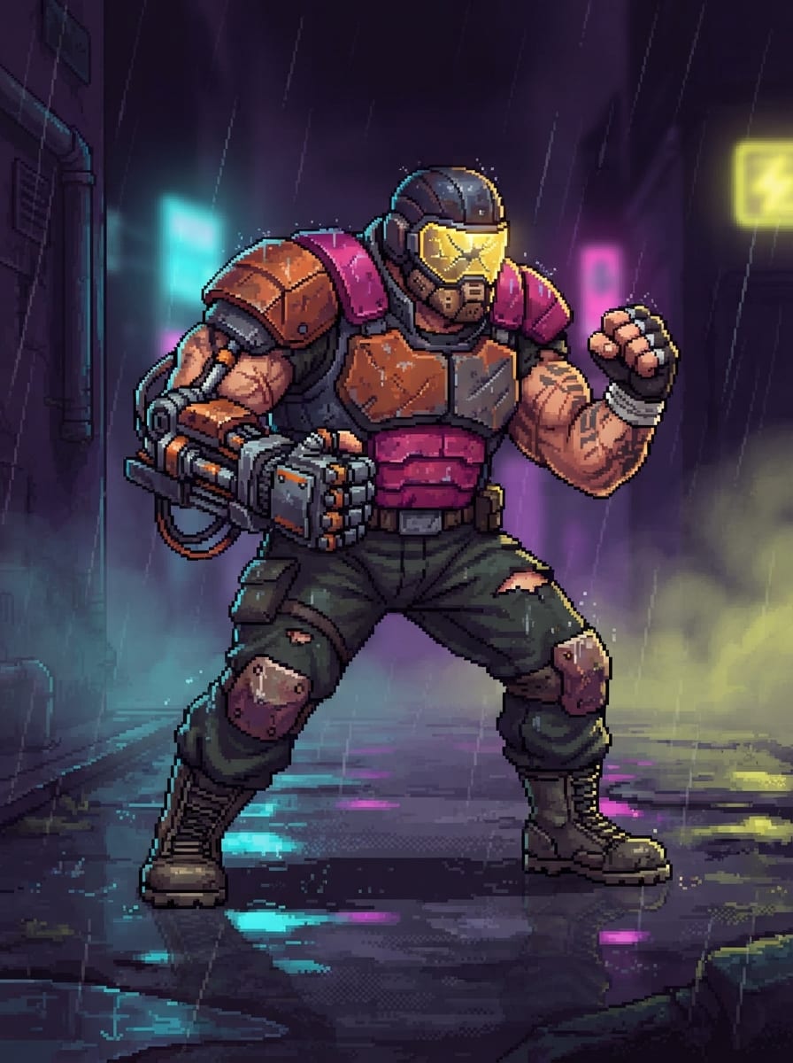 A scrap-armored corporate bruiser