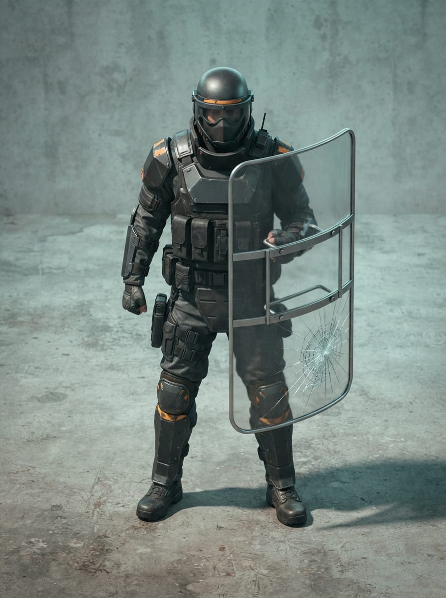 A riot shield operator