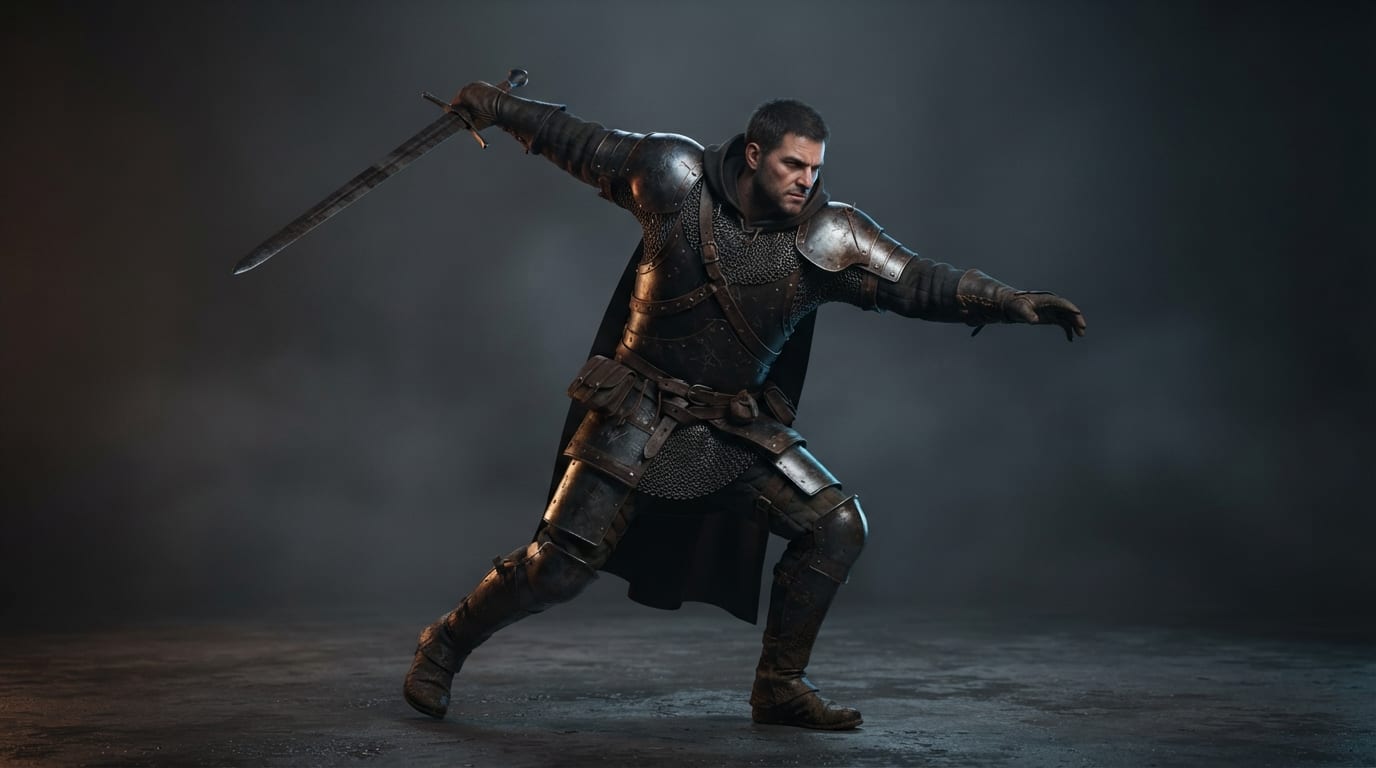 Pose a knight mid-swing
