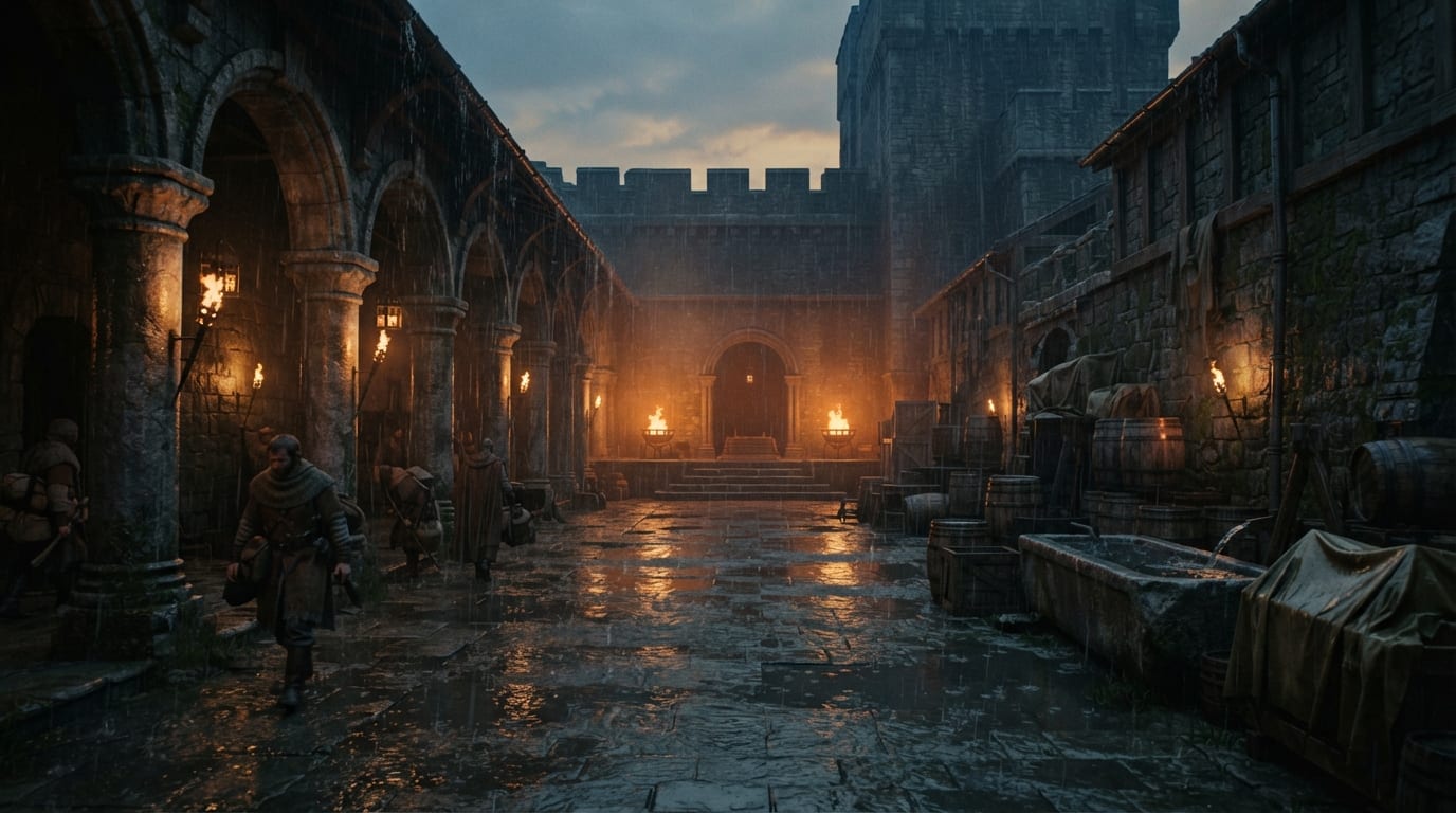 A rainswept courtyard at dusk