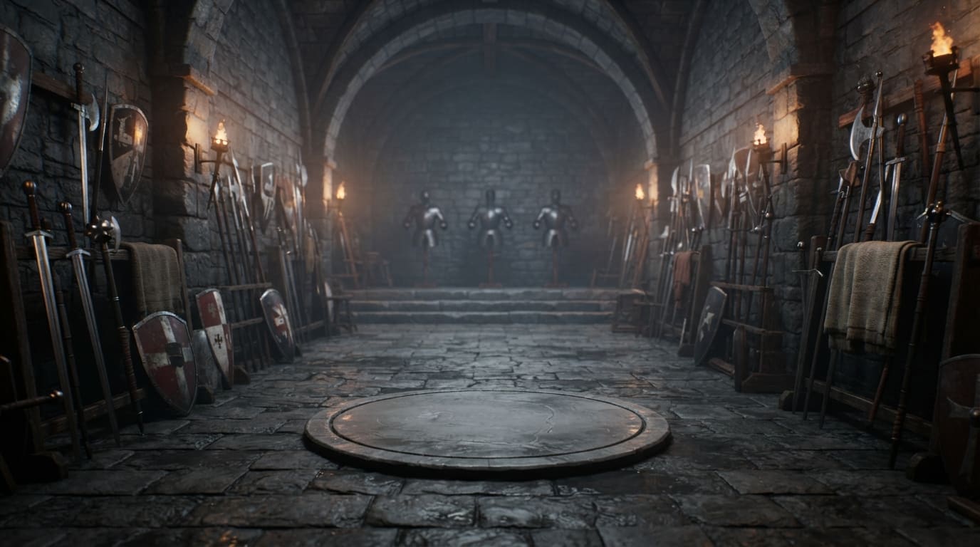 A torchlit castle armoury
