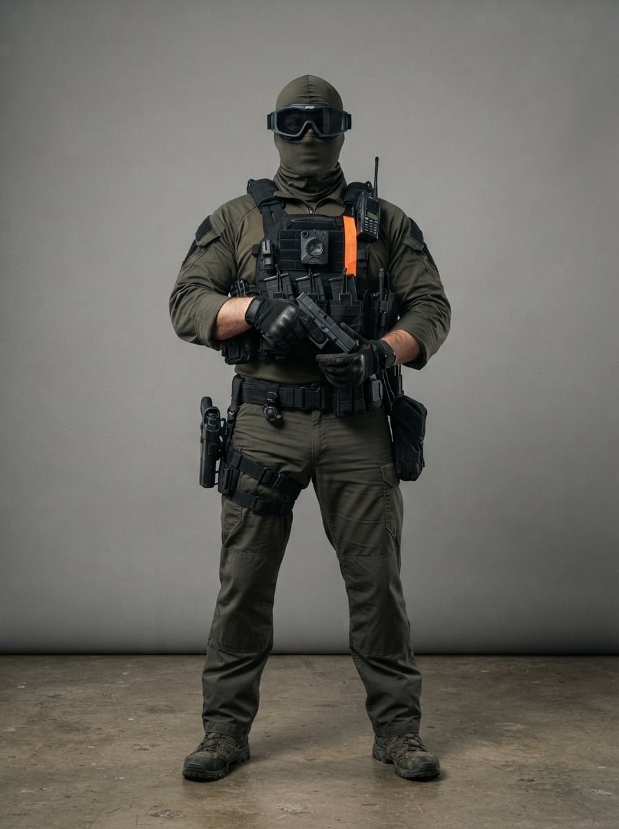 A masked pistol operator