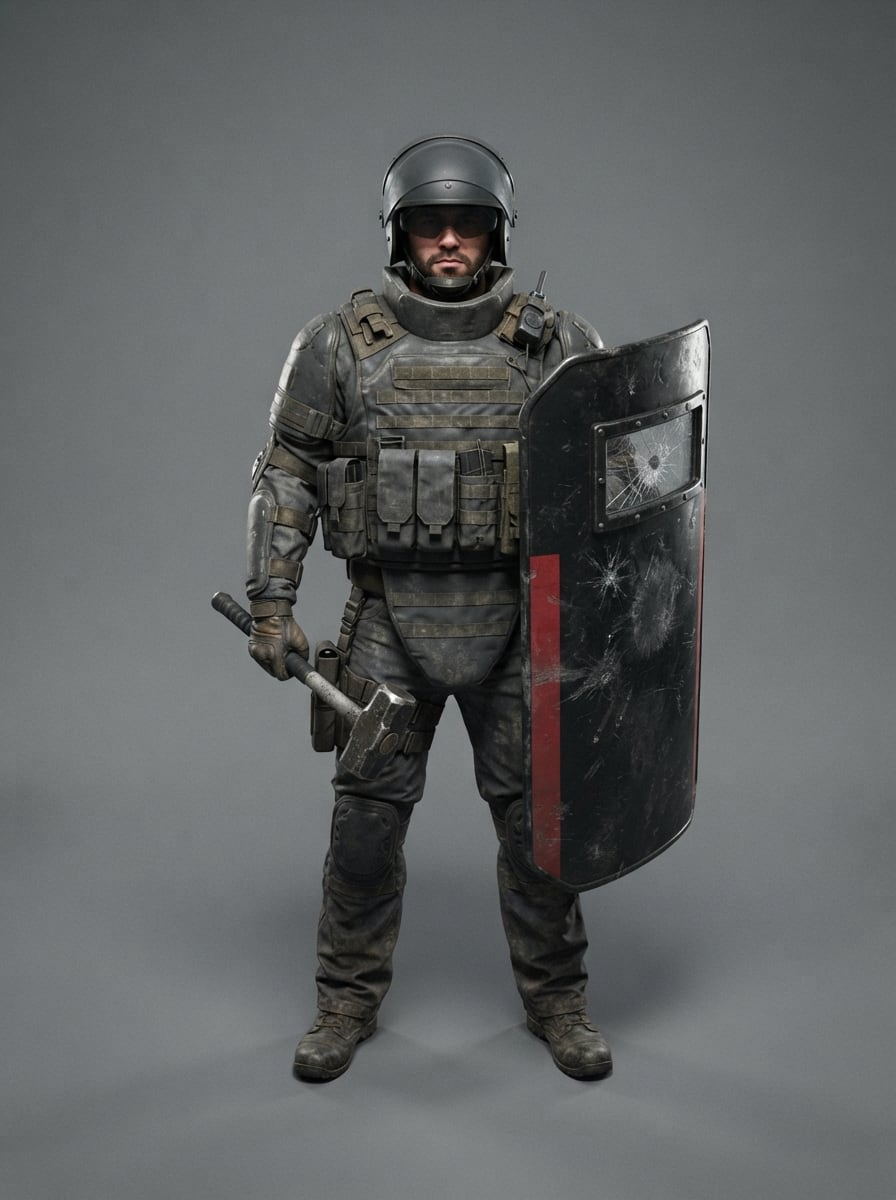 A shield-carrying breacher