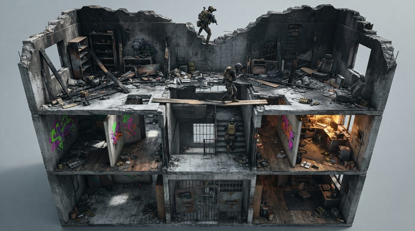 A burnt apartment block