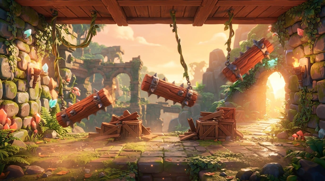 Dash beneath the swinging logs