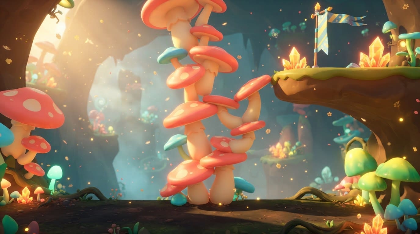 Bounce up the toadstool towers