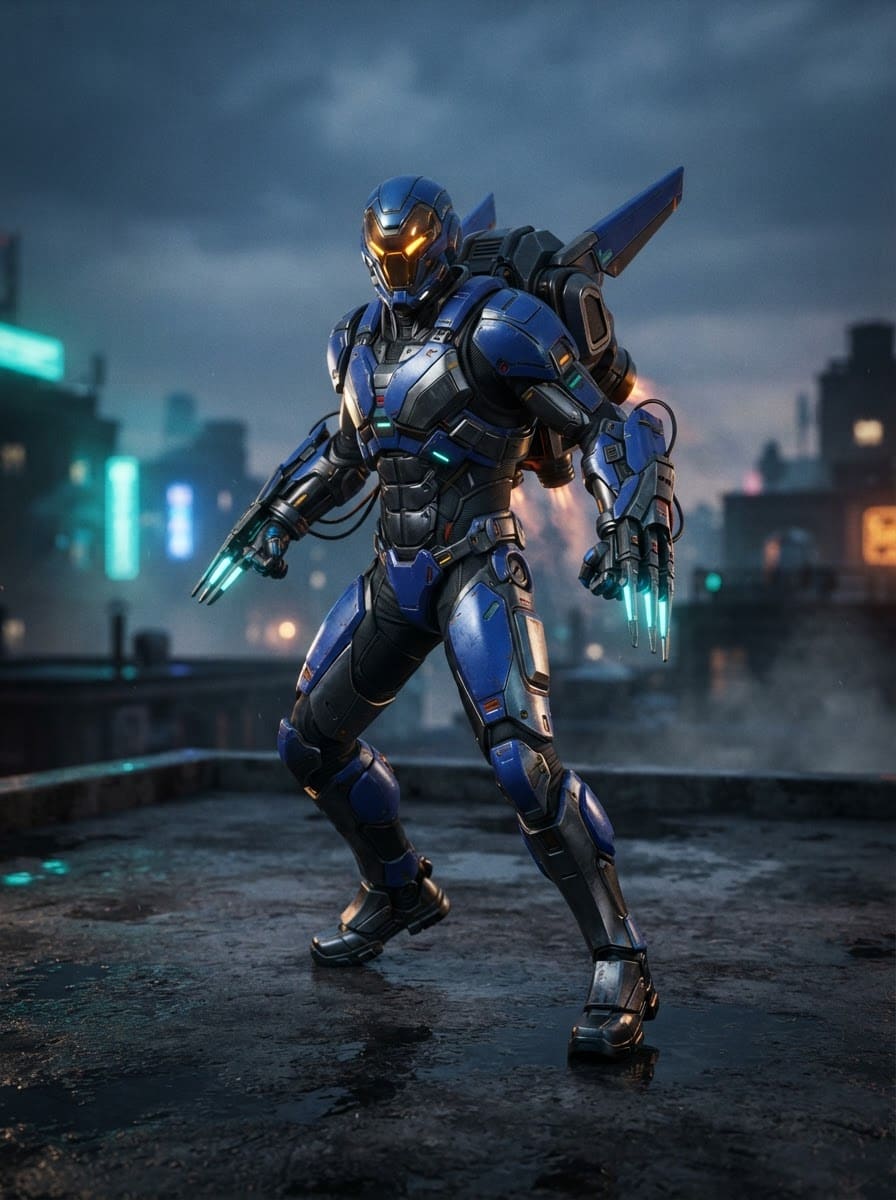 A cobalt exosuit pilot