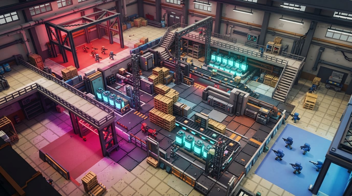 A neon voxel factory