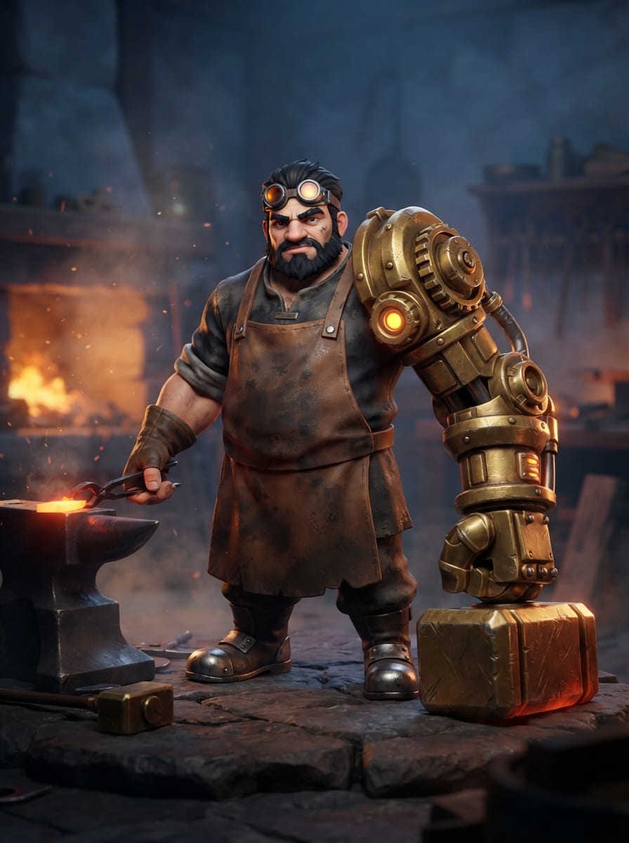 A brass-armed forge smith