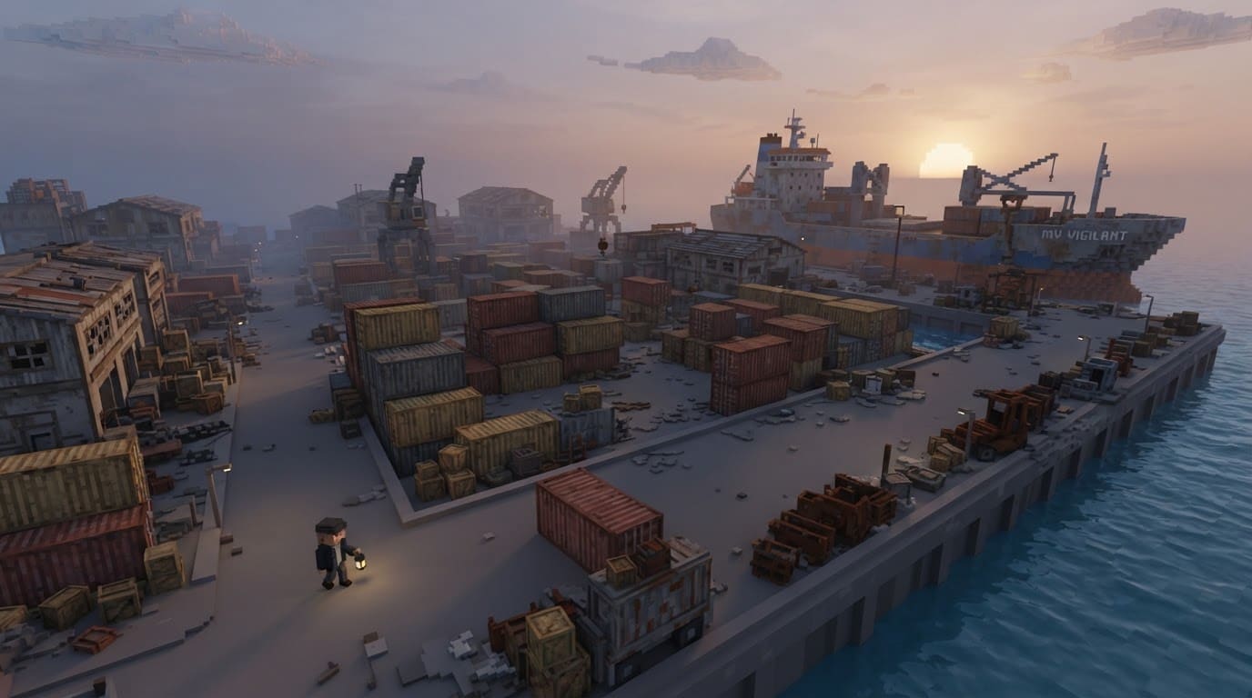 Verlaten voxel-havenstad
