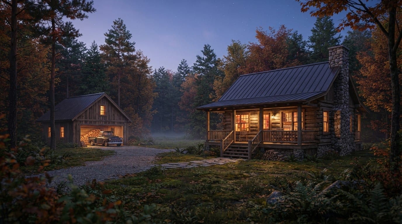 The cabin and forest clearing
