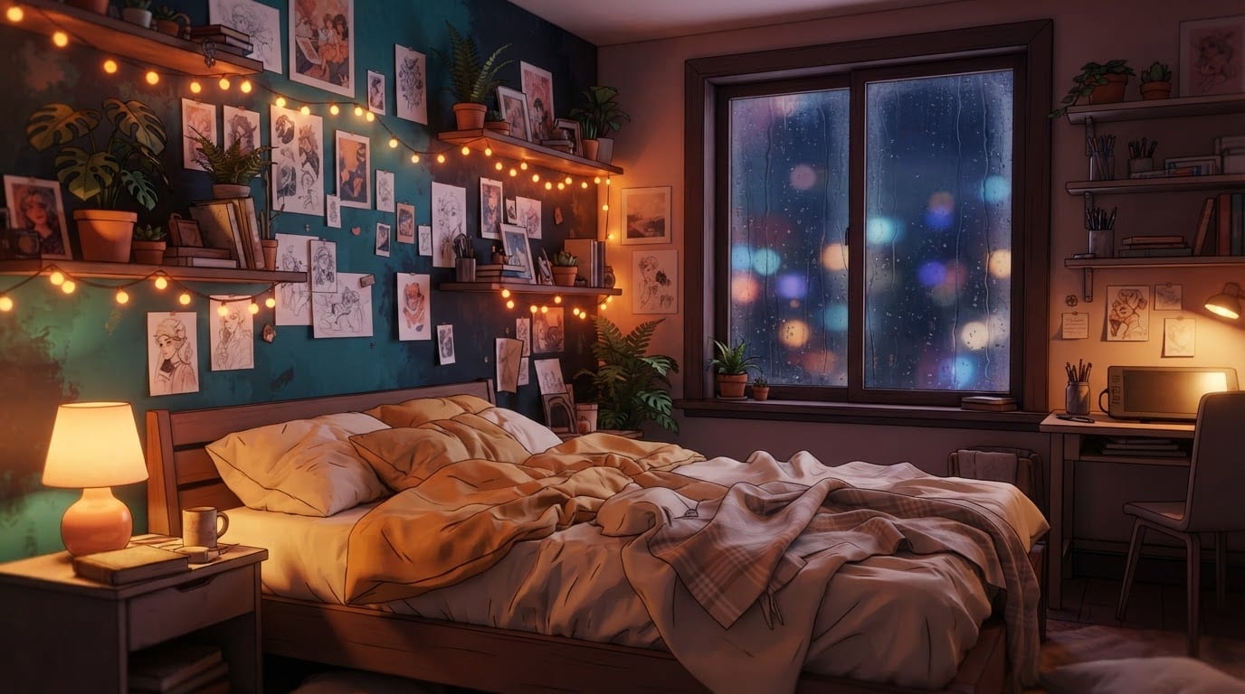 Cozy rainy bedroom studio