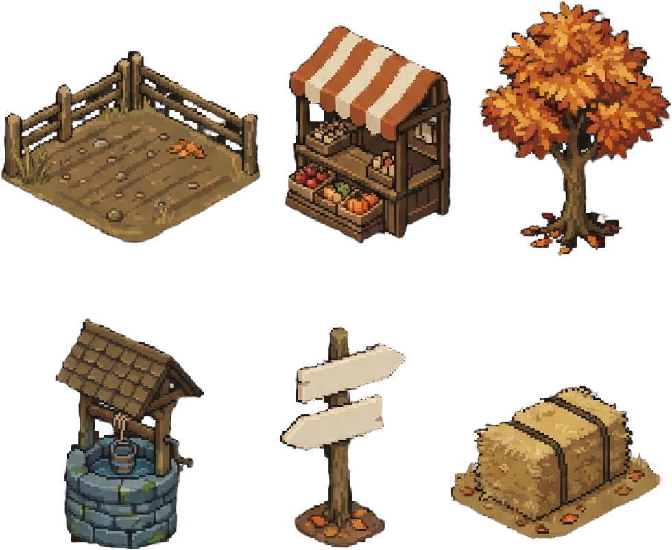 Image: pixel art asset sheet, cozy autumn town props, gen