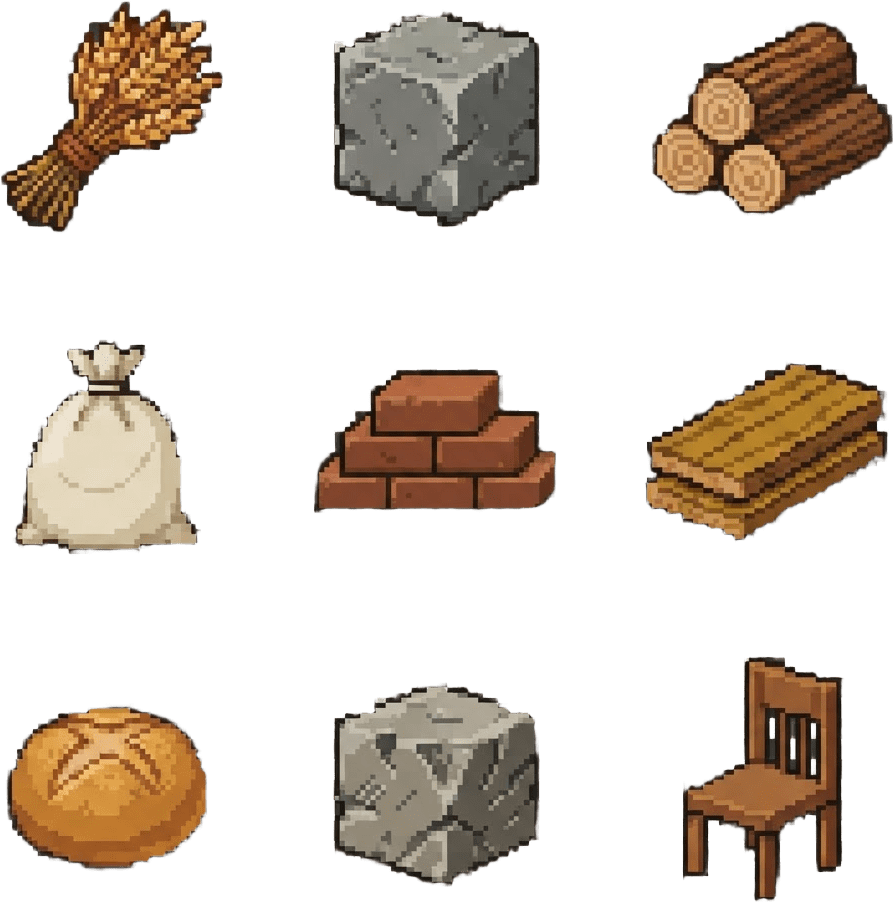 Image: pixel art item icon sheet, 9 game item icons arran