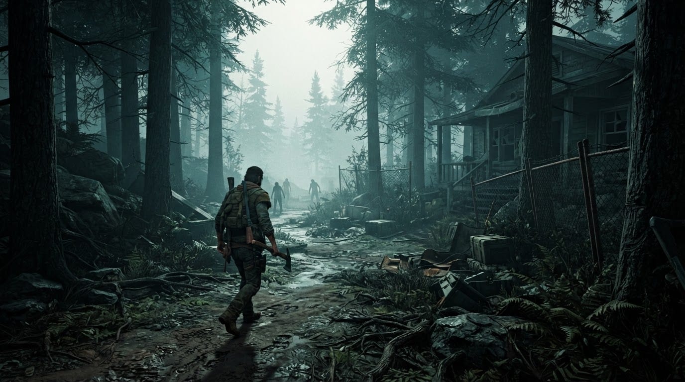 Dense fog-wrapped forest edge
